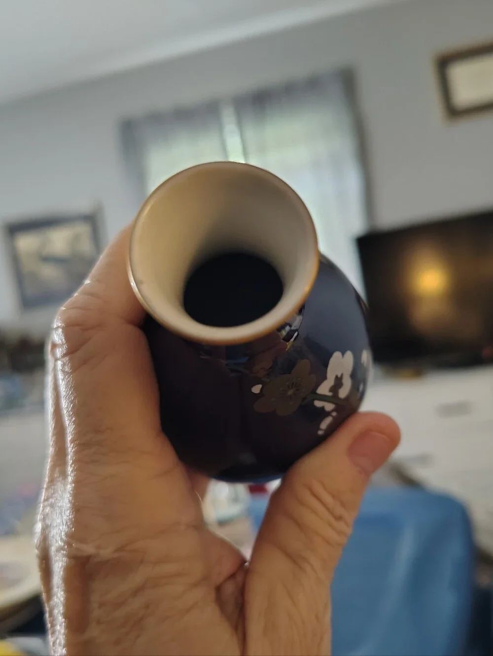 Fukagawa Porcelain Navy Blue Floral Bud Vase 5 Inch